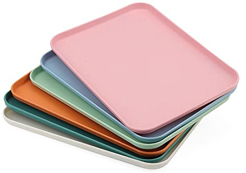 KEILEOHO 6 PCS 31 x 22cm Plastic Colourful Fast Food Serving Trays, 6 Color Rectangular Serving Lap Tray, 12 Inch Coloured Cafeteria Serving Tray for Food Serving Home Hotel Restaurant, 6 Colors
