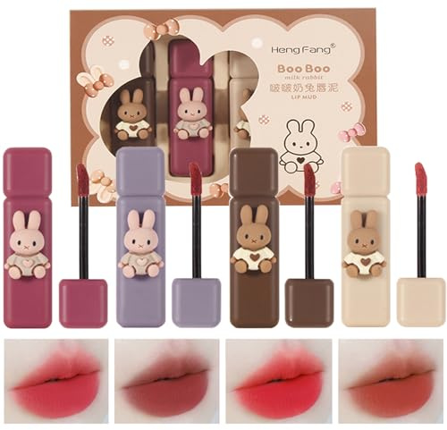 Domality 4 Teiliges Bunny Rabbit Paket Lipgloss Set, 4 Farben Matte Velvet Mousse Liquid Lipstick, Lang Anhaltendes Wasserdichtes Lippen-Make-up-Kit mit Geschenkpaket