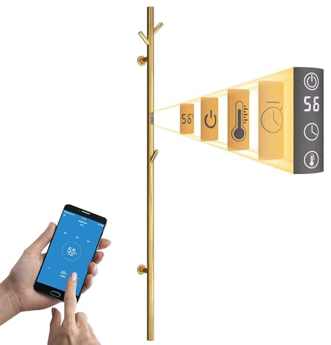 ESOP Sèche-Serviette, 40 W Chauffe-Serviettes 1525×65mm WiFi Intelligent | Porte-Serviettes Chauffant Électrique Mural Commande Tactile à LED Radiateur de Salle de Bain avec 3 Patère Or