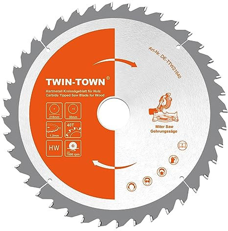 TWIN-TOWN HM Kreissägeblatt Holz 216x30mm Z40, Reduzierring 20 mm, Ideal für Bauholz Naturholz Hartholz Schalholz Faserplatten Leimholz zum Sägen mit Gehrungssäge und Tischkreissäge