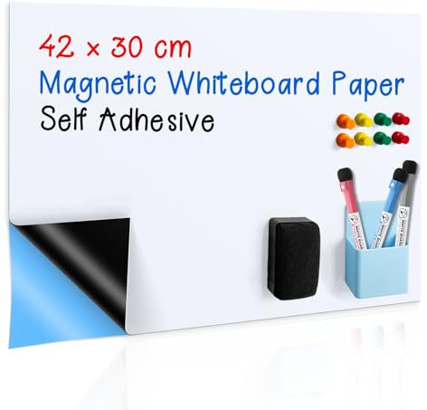 Lavagna bianca autoadesiva, 42 x 30 cm, lavagna bianca magnetica da attaccare alla parete, cancellabile a secco, per casa, scuola, ufficio, penne incluse, gomma, portapenne, magneti