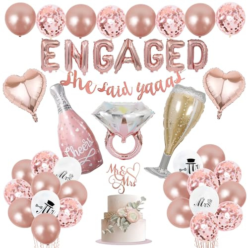 Engagement Party Decorations, Rose Gold Engagement Balloons with She Said Yaaas Banner, Diamond Ring Balloons for Bachelorette Party Decorations Wedding Bridal Shower Decorations
