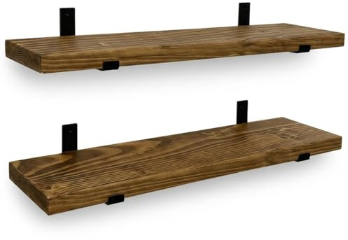MKGT Handcrafted Rustic Wooden Floating Shelves, Tudor Oak – Wall Mounted with Black L Brackets, Solid Wood, Made in UK – Kitchen & Living Room (Set of 2, 70cm)
