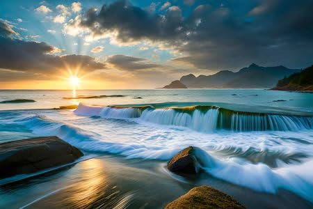 Acryl-Bild 80 x 50 cm: Langzeitbelichtung eines Wasserfalls am Strand bei Sonnenuntergang, Kapstadt, Südafrika (211814399)
