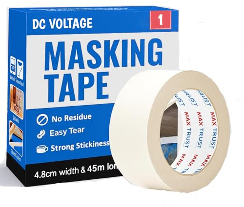 DC VOLTAGE White Masking Tape 48mm x 50m Roll for Painting Decorating Automotive and DIY Projects Easy Tear Crepe Paper Strong Adhesive Clean Removal Multi Surface Home Professional Use