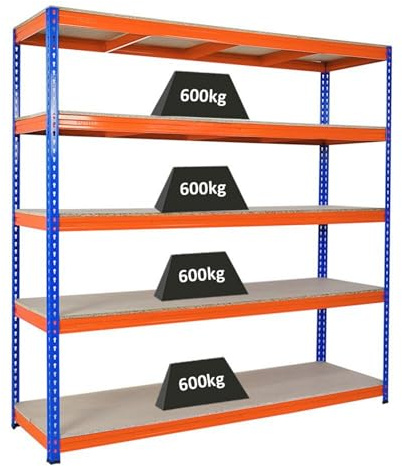 PROREGAL Profi Schwerlastregal Bison, HxBxT 200x200x60cm mit Fachlast 600kg, 5 Fachböden, Blau-Orange, Steckregal Garagenregal Lagerregal Werkstattregal Weitspannregal
