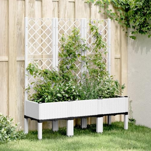 Gecheer Pflanzkübel mit Rankgitter Hochbeet Blumenkübel Gartenspalier Spalier Rankhilfe Blumenkasten mit Rankgitter,Pflanzkasten für Kletterpflanzen,Blumenkübel 120 x 40 x 142 cm (L x B x H) Weiß