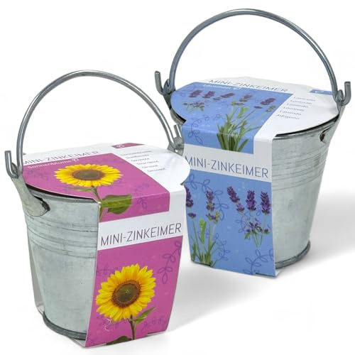 MIJOMA Mini-Zinkeimer Set mit Blumensamen - 2-teilig, Inklusive Kokosquellpad, Perfekt als Beigabe zu Geldgeschenken oder Gutscheinen, B:6,5cm H:5,5cm T:6,5cm (Sonnenblumen und Lavendel)