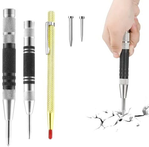 3 Stück Automatik Körner Anreißnadel Set, Rostfrei Automatic Hole Punch Werkzeug, Verstellbare Spannung Metall Federkörner mit Ersatzspitzen, Einstellbarer Automatischer Körner für Holz Glas