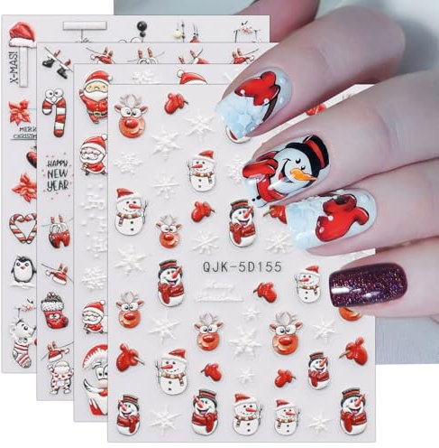 5D Nagelsticker Weihnachten, 4 Blatt 5D Selbstklebend Nagelaufkleber Stereoskopisch Nail Art Sticker Dekoration Nageldesign Zubehör