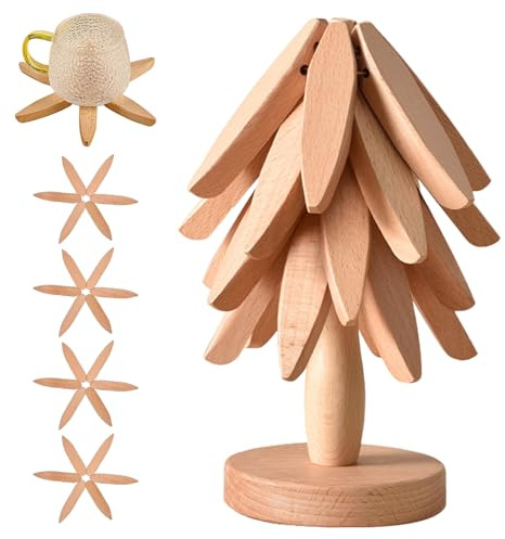 Dessous de plat en bois pour plats chauds, 4 dessous de plat en bois de noyer + 1 support de rangement comme un sapin de Noël, dessous de plat pliable en bois, pour plats chauds, casseroles, bols