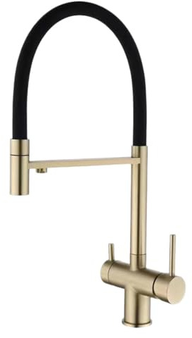 Rubinetto Cucina 3 Vie Estraibile Girevole 2 Maniglie Acqua Fredda e Calda Ottone Miscelatore Cucina 3 Vie-Oro Spazzolato