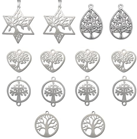TOAOB 14 pezzi Ciondolo In Argento Albero Della Vita Ciondolo Pendenti In Lega Rotonda In Metallo Cuore Gocce D'acqua Stelle Portafortuna Pendenti per Collane Gioielli Bomboniere Fai da te Portachiavi