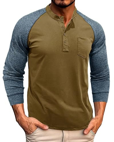 Langarmshirt Herren Rundhals mit Knöpfen und Brusttasche Langarmshirts für Herren Solid Color Raglanärmel Longsleeve Umlegekragen Tshirt Leisure Basic Shirt Unterhemden