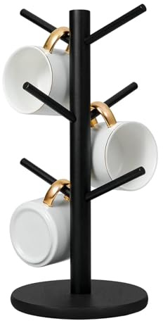 Mug Tree 6 Mugs, Wood Mug Holder Coffee Cup Holder, Mug Rack Tabletop Holder with Thickened Base, Cup Stand for Tea Coffee Cup Mug Hooks (Black)
