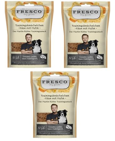 Fresco Trainingsknöchelchen Käse & Geflügel | 3er Pack | 3 x 150 g | Ergänzungsfuttermittel für Hunde | Natürlicher Proteinsnack aus Käse und Huhn | In Knöchelchen-Form
