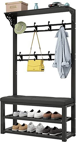 SFNIOKFG Metallgarderobe mit Schuhbank, 100 x 30 x 172 cm, Garderobenständer mit 2-lagigem Schuhregal und 10 Haken, 3-in-1-Eingangsbaum mit Sitz und Stahlrahmen für Eingangsbereich, Wohnzim