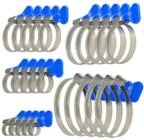 Juego de Cinco Tamaños Abrazaderas Metalicas para Tubos, 10-70 mm, 25 Piezas Abrazaderas, Ajustable Abrazadera Acero Inoxidable con Tuerca de Mariposa, para Mangueras de Agua, Gas y Piscina (plata)