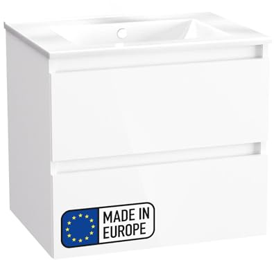 BadeDu Gers Waschbecken mit Unterschrank – 60 cm Breit, Keramikwaschbecken in Weiß mit Waschbeckenunterschrank in Weiß Glanz, Soft-Close-System