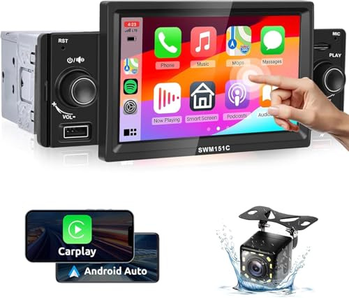 Single Din Radio with Carplay Android Auto, Podofo 5inch HD Touch Screen Car Stereo Audio Receivers with Bluetooth FM Radio MirrorLink USB Charging HD Backup Camera