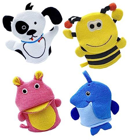 MOLUCKFU 4 Stück-pack Kinder Badehandschuhe mit Kreativen Tiermotiven Weiches Composite Baumwollmaterial Einfach zu Tragen für Dusche und Bad