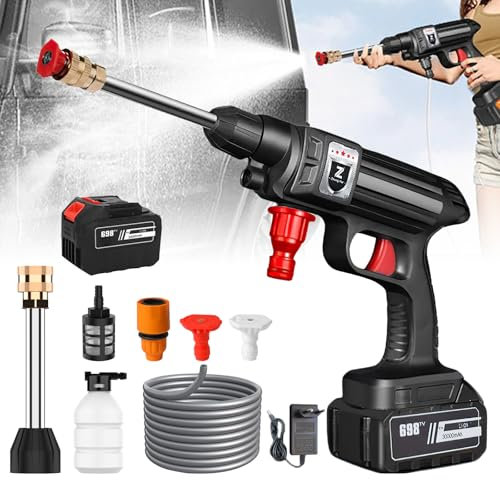 Pistola de Agua de Alta presión, 30Bar Limpiador de Alta presión con 1× batería 30000 mAh, Cargador y Manguera 5m, 435PSI Hidrolimpiadora Bateria portátil para Jardín y Coche