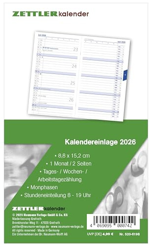 Zettler Kalenderersatzeinlage TP 1M/2S 2026 – Ersatzkalendarium 9 × 15 cm für Taschenplaner Typ 520, 32 Seiten, 1 Monat auf 2 Seiten, Stundeneinteilung 8–19 Uhr, Feiertage, FSC