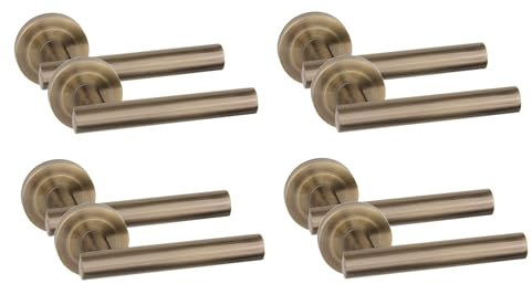 Golden Grace Straight T-Bar Door Handles on Rose, Antique Brass, 4 Pairs | Sleek metal build with a smooth, comfortable grip, updating modern home decor with an elegant rose base design.