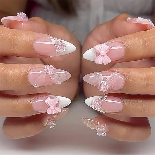 GlamRays 24 pièces Ongles Press-On French Blancs en Amande Taille Moyenne Faux Ongles avec Colle Rose Douce Faux Ongles avec Design de Fleurs et Nœuds en 3D Fait Main