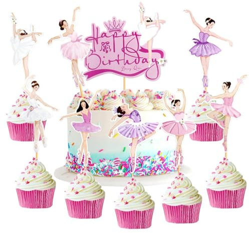 Flower Fairy Ballerina Cupcake Toppers,Ballerina-Kuchenaufsatz Geburtstagstorten Dekoration,Happy Birthday Tortendeko-Fee,9 Stück