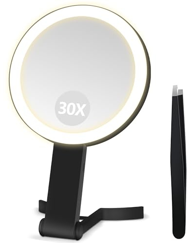 B Beauty Planet 30X/1X Vergrößerungsspiegel mit Licht, Höhenverstellbarer Schminkspiegel mit Beleuchtung, Faltbarer Handspiegel mit Digitalanzeige & Handyhalterung, Tisch- und Reisespiegel, Schwarz