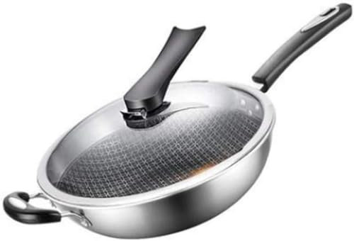 BNCXMO Walnuss Edelstahl Wok Nicht-Stick-Bratpfanne ohne Ölrauch unbeschichteter Haushaltsinduktion Wok Frittieren Kochtopf Kochtopf (32 cm)