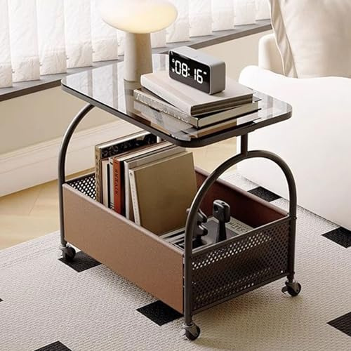 Yahbrra Couchtisch Klein Beistelltisch mit Rollen: Kleiner Tisch Wohnzimmertisch Korb Stauraum für Wohnzimmer Schlafzimmer Nachttisch Beistelltisch Couch (Schwarz,55x35x58cm)