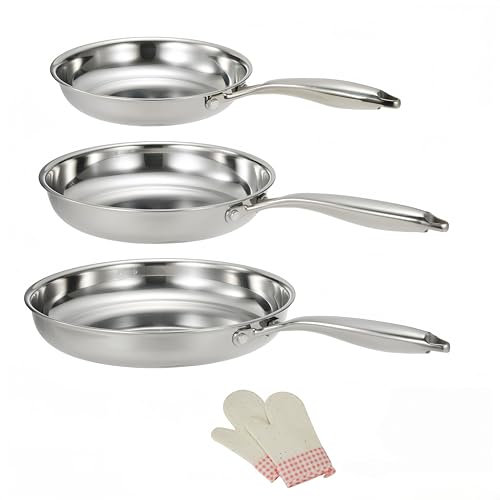 OYEZI Set di padelle in acciaio inox a tre strati, 20/24/28 cm, grado professionale, compatibili con induzione, lavabili in lavastoviglie