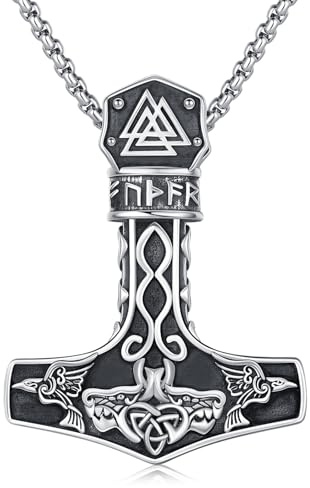 Twoowl Mjolnir Halskette Sterling Silber Wikinger Kompass Anhänger Thor Hammer Rabe Halskette Nordische Runen Vegvisir Amulett Schmuck Geschenke für Frauen Männer