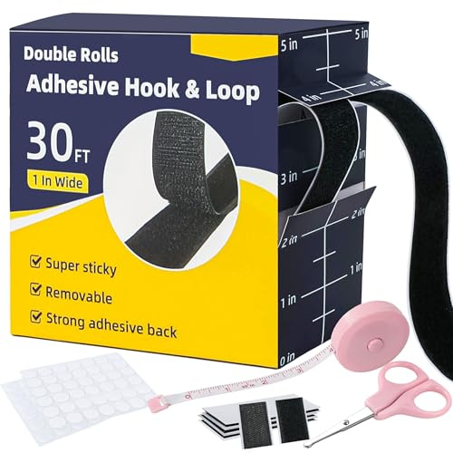 30Ft x 1 in Velcro Strips with Adhesive, Hook and Loop Strips Double Rolls of Heavy Duty Interlocking Tape Fasteners Double-Sided Strong Back Adhesive Mounting Tape (Black)