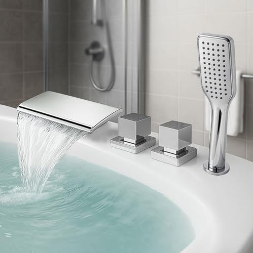 4 Loch Badewannenarmatur Wasserfall 19 * 9 cm Wasserfallauslass Doppelgriff Wannenrandarmatur mit Brause,Verchromt