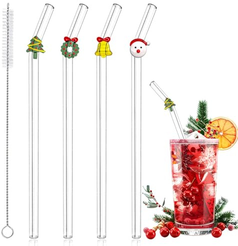 4 Pcs Christmas Reusable Glass Straws, Cute Christmas Shaped | ncludes Cleaning Brushes, Glass Straws with Charms for Xmas Party and Decoration, Clear Straws for Coffee, Juice, 20cm
