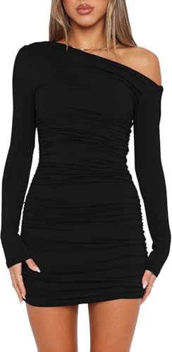 Wenrine - Abito da Donna Sexy, Senza Spalline, a Maniche Lunghe, Mini Abito da Festa, con Volant, Bodycon, da invitata a Matrimonio, Abito da Cocktail, Nero, L