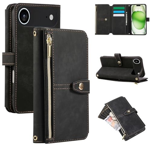 ZCDAYE Wallet Case for iPhone Air, Premium Leather Phone Case Women Ladies Holster with Card Slots Wrist Strap Zipper Flip Phone Cover for iPhone 17 Air (6.5 inches), Black