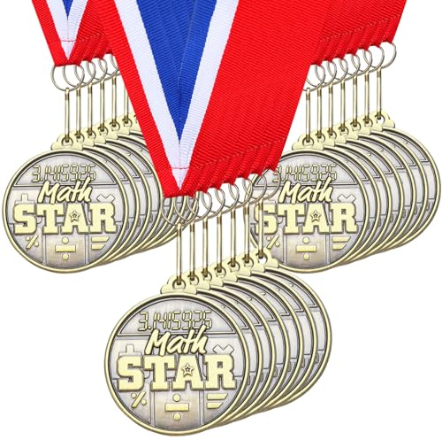 Quelay 30 Pcs 2 Inches Student Award Medals Bulk Awards Medal with Neck Ribbons Metal Trophy Prize Gift for Tournaments, Competitions, Party, Kids and Adults(Math Star Medals)