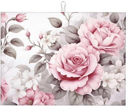 Abtropfmatte mit rosa Rosen, 18 x 24, saugfähige Abtropfunterlage für Küchentheke und Spüle, Mikrofaser-Abtropfunterlage für Küchenzubehör