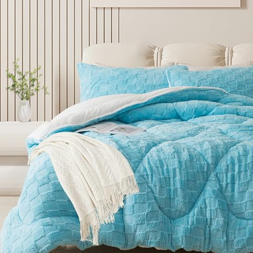 ELNIDO QUEEN® Fluffy Comforter Set King, Light Blue Winter Fleece Comforter Ultra Soft & Extra Pluffy Plush Comforter Set, Cozy Fuzzy Bed Comforter 3 Pieces (1Comforter, 2 Pillowcases),102x90 inch