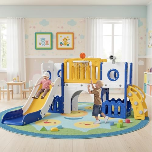 MAMIZO 9 en 1 Toboggan pour Tout-Petits, Toboggan Enfant Panier de Basket et Télescope, Aire de Jeux Intérieure et Extérieure, Tunnel et Stockage, Jeu Exterieur Enfant, mit 2PCS Moduls,Jaune Bleu