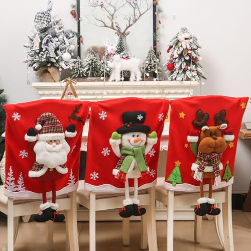 YCYATS stuhlhussen Weihnachten 3er-/6er-Set, niedliche 3D-Stuhllehnenbezüge für Esszimmerstühle mit Weihnachtsmotiven, Weihnachtsmann, Schneemann, Rentier, Klappstuhlhussen (50 x 70 cm, 3 Stück)