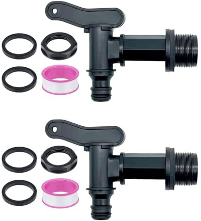 HUVZOR 2 Sets Auslaufhahn für Regentonne, Kunststoff Wasserhahn für Regentonne, Regentonnenhähne Regenfass Adapter mit Dichtung und Lochöffner für Heim Garten Wassertank Anschlüsse