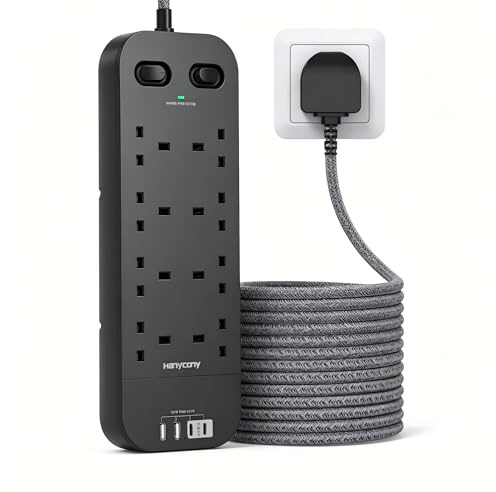 3M Black Extension Lead with 8 AC Outlets & 4 USB Ports Power Strip | 1800J Surge Protection, Dual Switch 10FT Braided Extension Cable, Multi Plug Socket Hub for Home Dorm Office Accessories UK