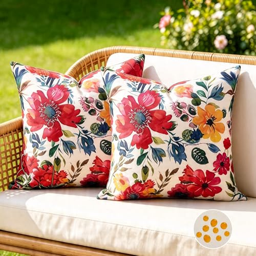 ETOLISHOP 2er Set Outdoor Kissen 45x45 - Romantische Aquarell Blumen - Ideale Boho Deko für Garten - Wetterfeste Kissenhüllen - Englischer Cottage Garten Look - Lebendige Farben für Sofa & Loungemöbel
