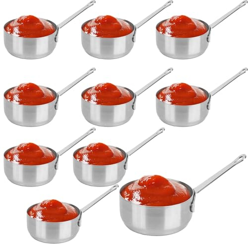 Aramanara 10 Pcs 100 ml Stainless Steel Sauce Pots, Mini Saucepan for Sauces, Round Gravy Serving Pans, Mini Dipping Sauce Cups with Handle for Condiment Gravy Pepper Milk