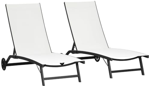 Outsunny Set mit 2 Sonnenliegen Liegestühlen aus Aluminium und Textilene mit Rollen, verstellbare Rückenlehne, max. Belastbarkeit 150 kg, cremefarben